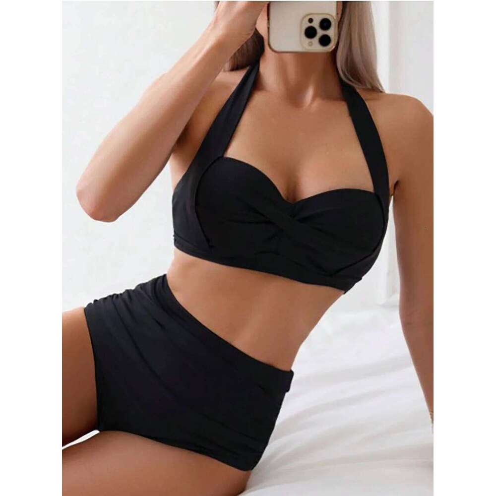 2025 European and American fashion hot selling hard bag gathered women's bikini solid color set, suitable for vacation, festival C260207