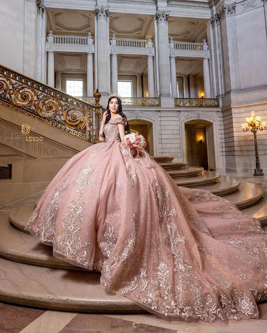 Rose Gold Off Shoulder Quinceanera Dress customsized Off Shoulder Gillter vestidos para damas de honor de quinceanera sweet 15 HR112