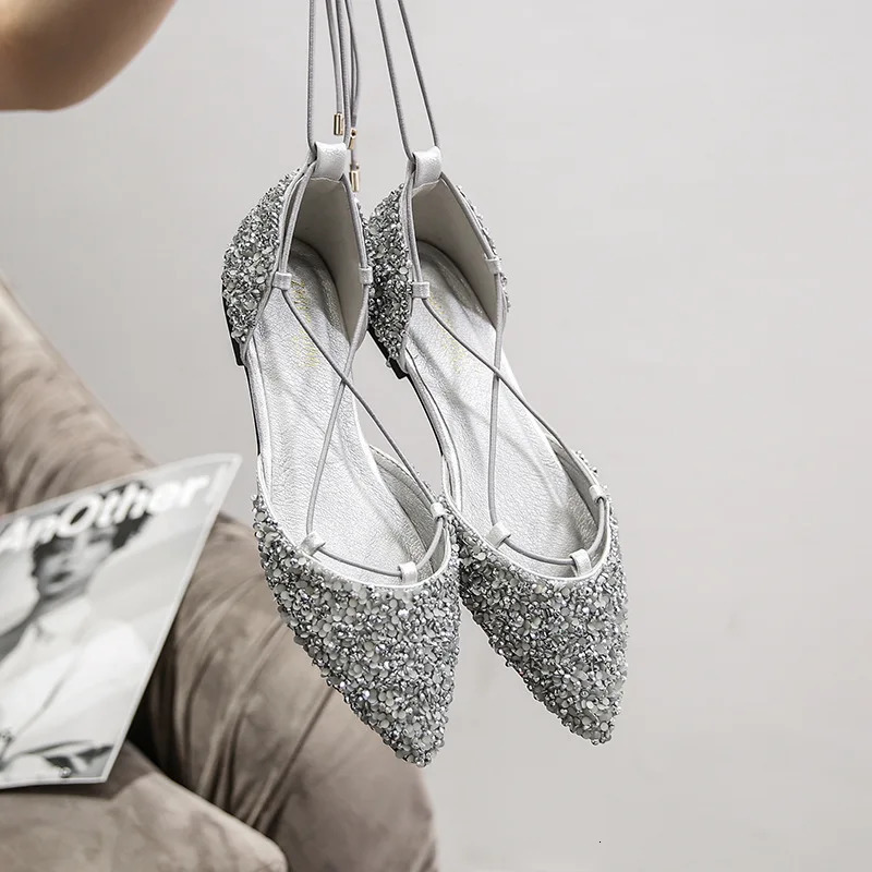 Women Rhinestone Ballet Flats Cross-Tied Lace Up Flat Shoes Woman Crystal Wedding Shoes Glitter Mules Sandals Big Size 43 260124