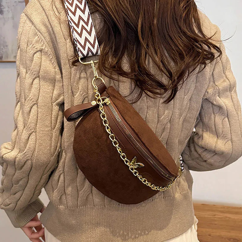 Faux Suede Chest Bag Bohemia Women Waist Bag PU Leather Handbag Chain Waist Pack Adjustable Strap Fashion Shoulder Crossbody Bag 260130