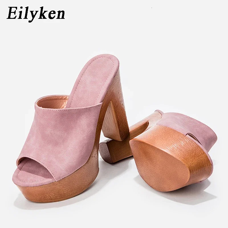 Eilyken Fashion Wood Grain High Heel Slippers Summer Roman Gladiator Peep Toe Platform Casual Ladies Shoes Sandals 260208