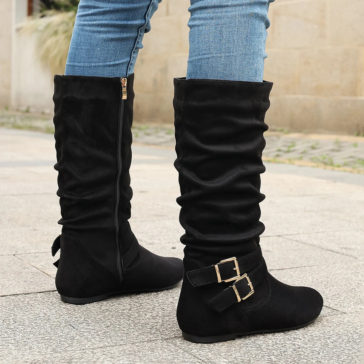Pleated Europeanstyle flatheeled womens fashion boots with double buckles brown suede side zipper 260208