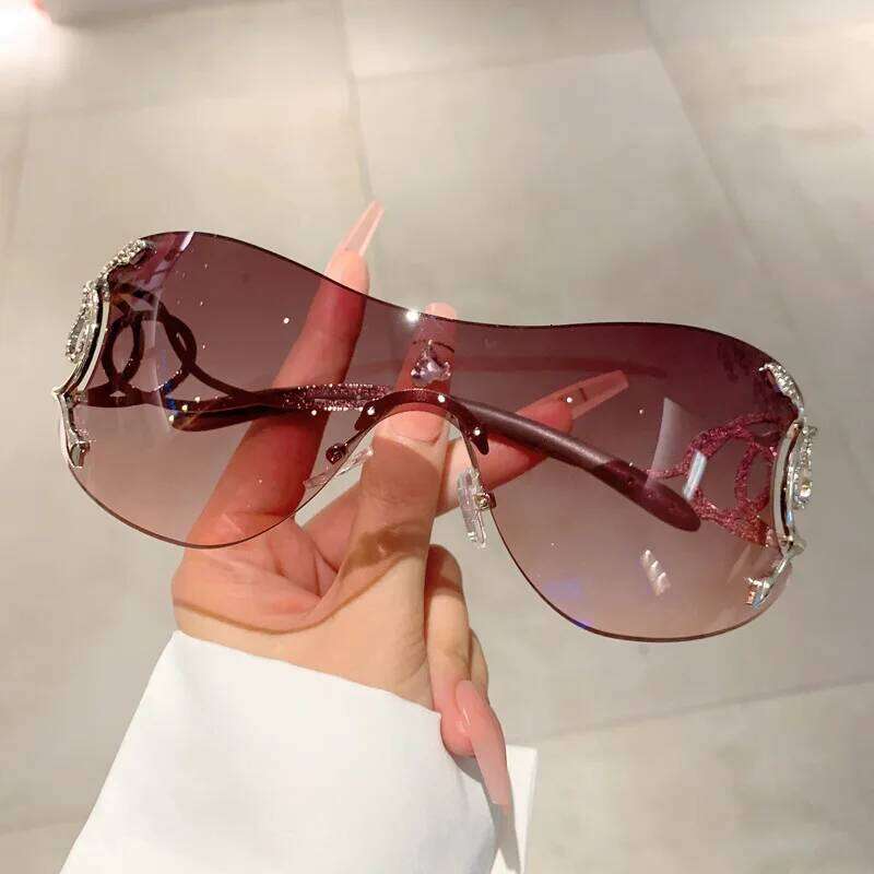 Y2K Rimless Luxury Brand Designer Sunglasses Women For Men One Piece Trendy Oversized Sun Glasses Metal Snake Pink Punk Shades Y260207