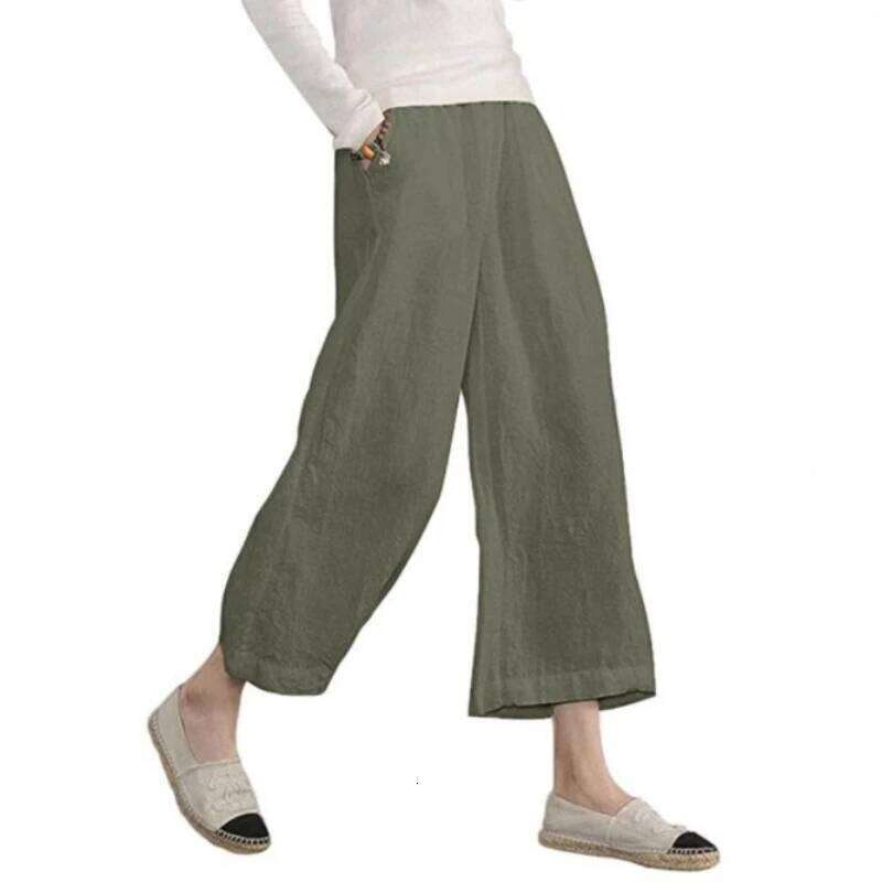Women's Solid Color Cotton Linen Wide-leg Nine-point Pants Loose Casual Spring Summer New Products 2026