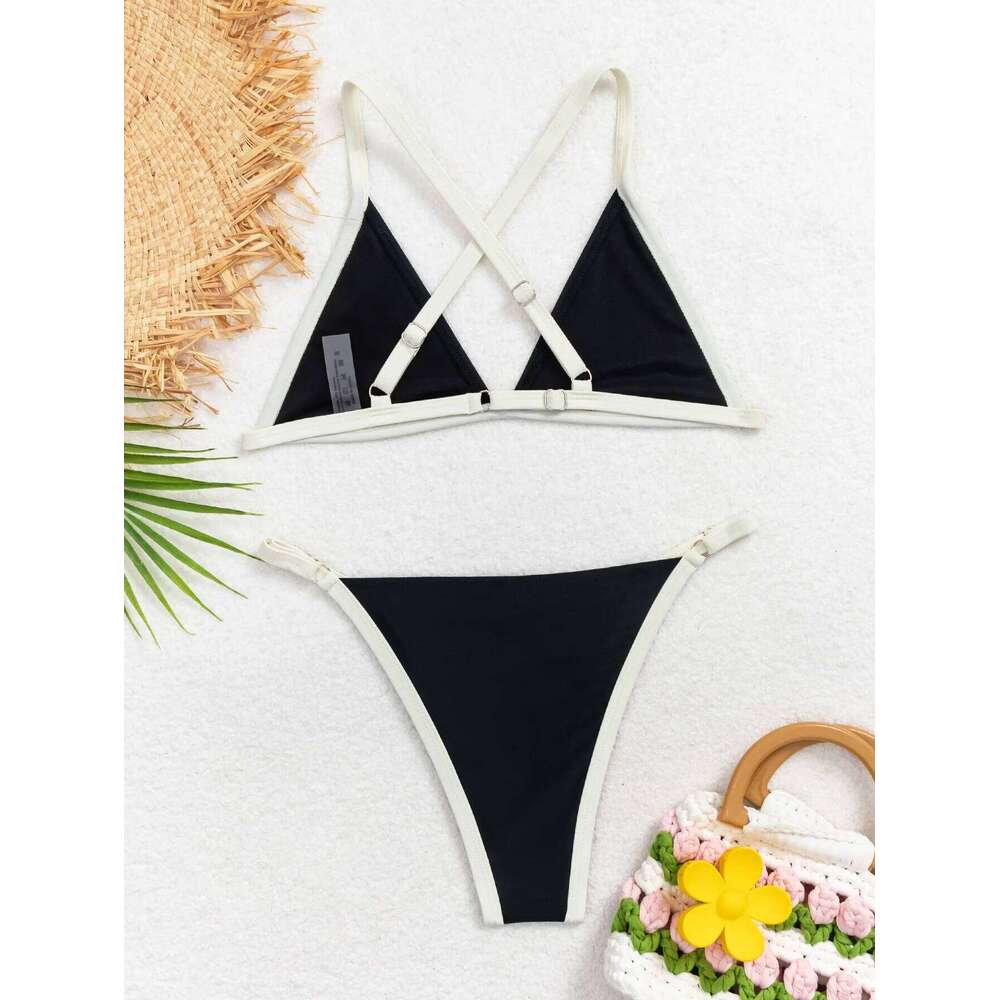 Sexy White Black Patchwork Micro Bikinis Sets Two Pieces Back Cross Swimsuit Brazilian Bathing Swimwear Swimming Suit C260207