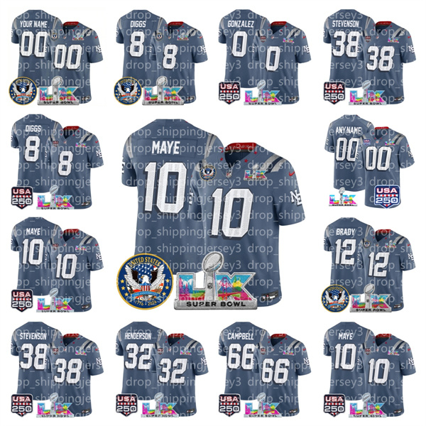 Patriots Drake Maye Christian Gonzalez Hunter Henry Rhamondre Stevenson Stefon Diggs 2026 Rivalries Super Bowl LX US 250th Patch Collection Limited Jersey