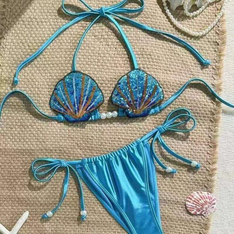 Women's Mermaid Shell Bikini Set Sexy High Waisted Bottom & Push Up Top Elegant Swimwear Beach Vacation Summer Blue Suit Holiday C260207
