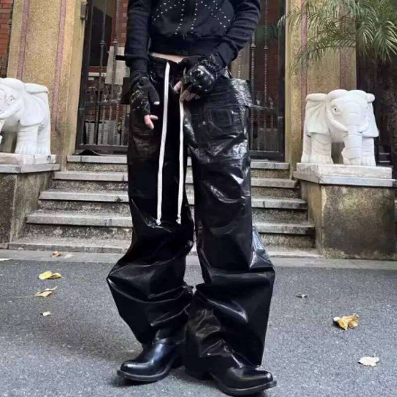 HKSH American High Street RO Brushed Wax Leather Coated Multi-Pocket Double Ring Cargo Pants Men Trend Wide-Leg Overalls HK18468