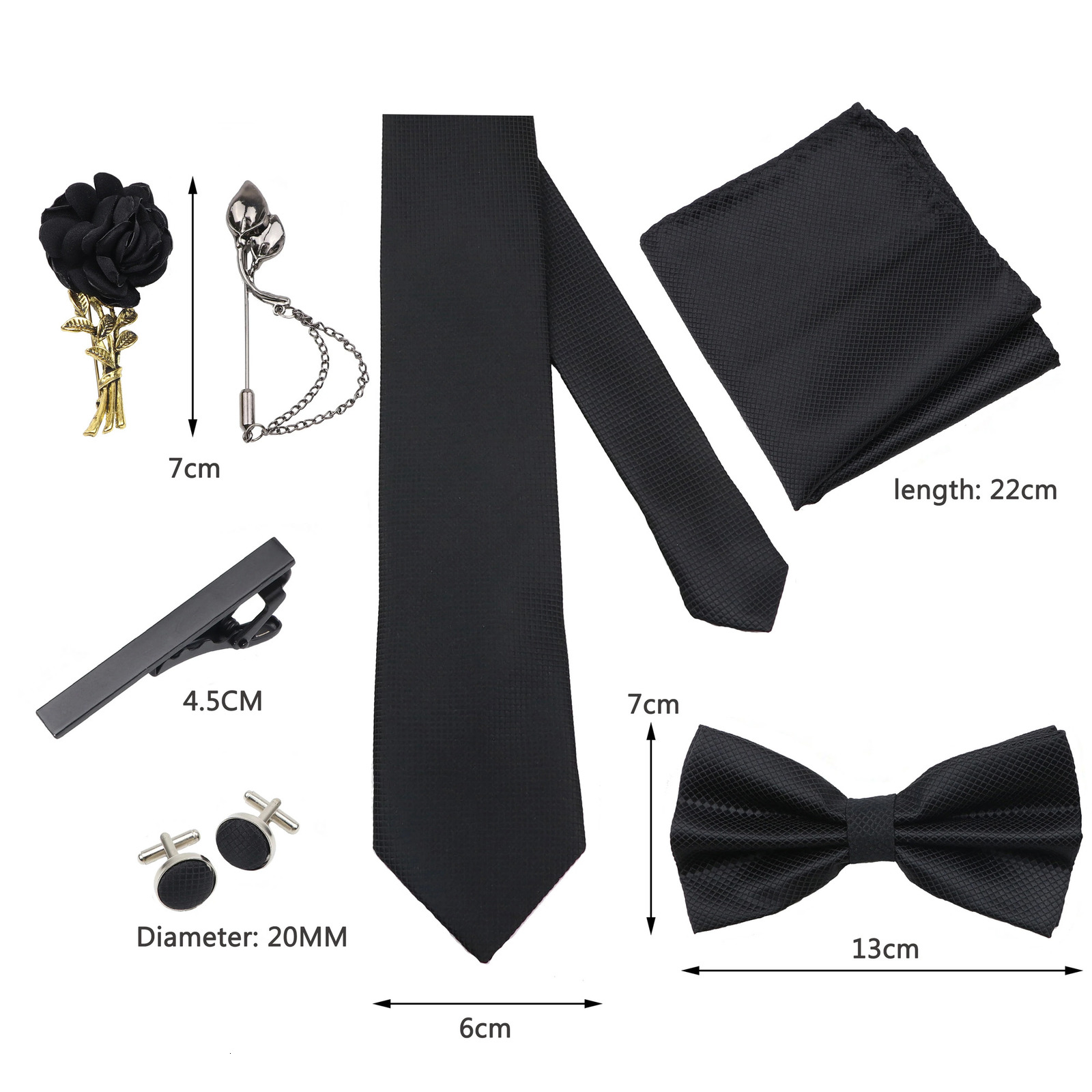 Solid Color Mens Tie Bowtie Set Black Pink Red Blue Purpple Polyester Jacquard Woven Necktie Cufflinks Brooches Ties Gift 260130