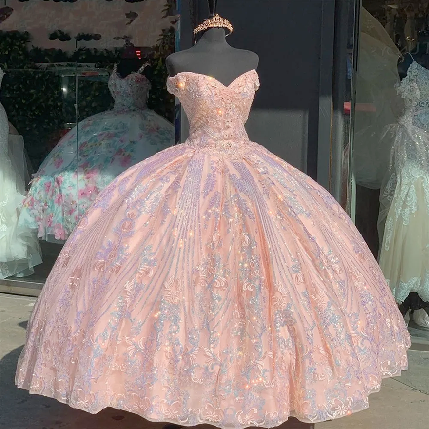 Sparkly Pink Sweet 16 Ball Gown Quinceanera Dresses Beaded Sequins Sleeveless Vestido De 15 Anos Quinceanera N0114