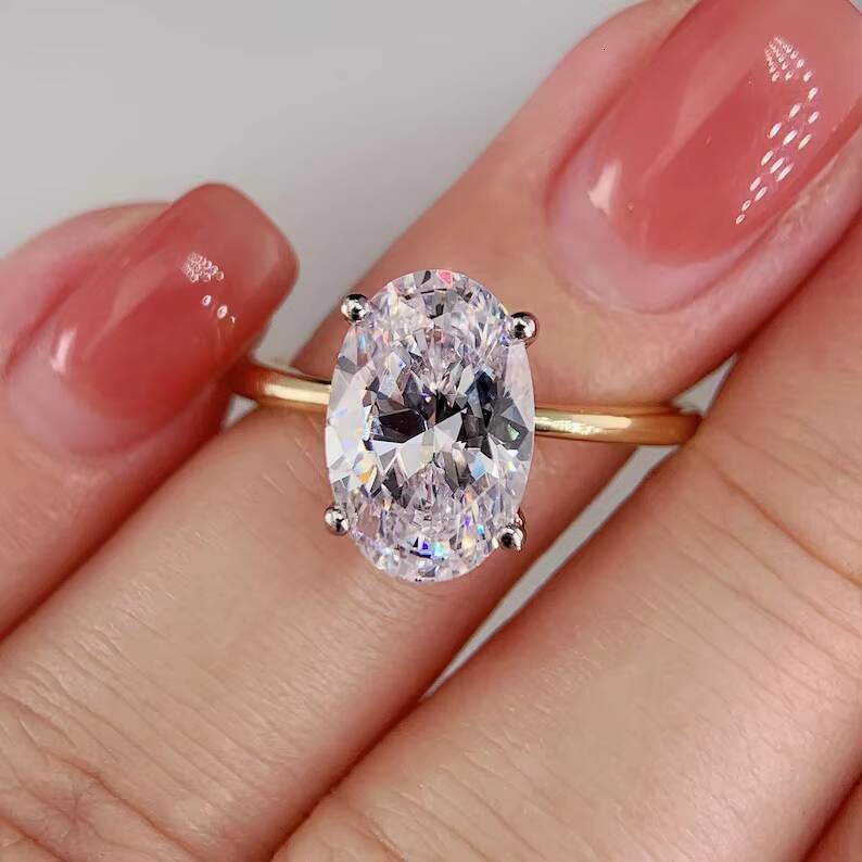 25CT 35CT Oval Cut Simulated Moissanite Solitaire Engagement Ring Two Tone 925 Sterling Silver 14K Gold Plated Rhodium Plated