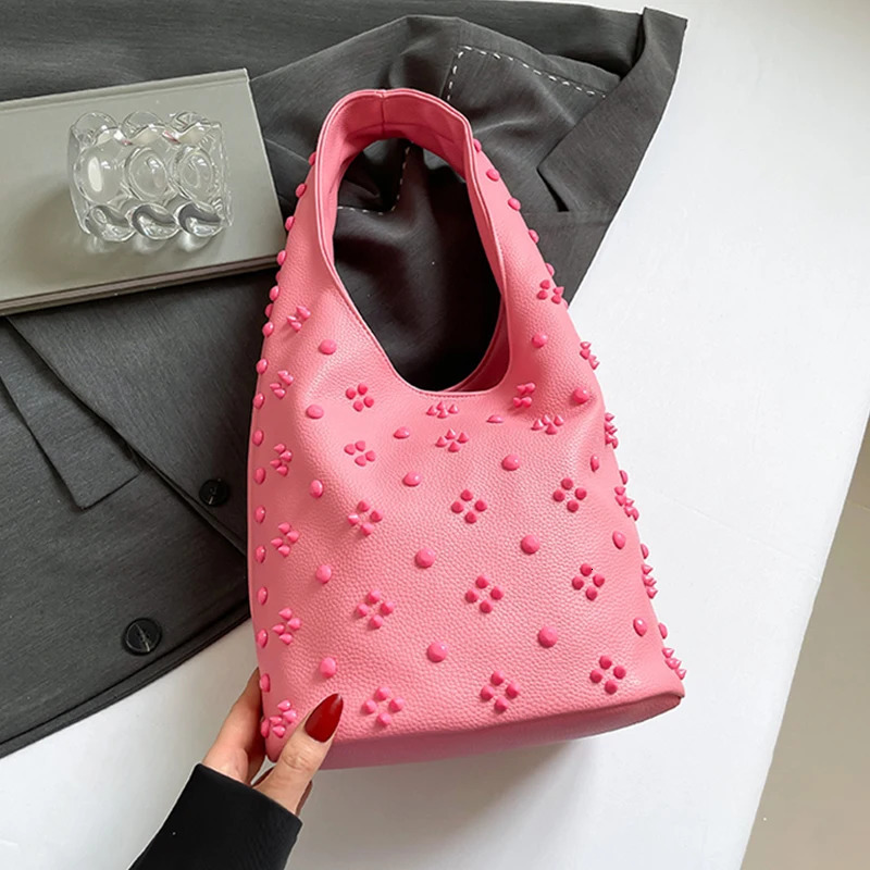 Temperament Rivet Red Underarm Bag for Women Texture Soft PU One Shoulder Bag Light Party Handbags Spring Summer 260123