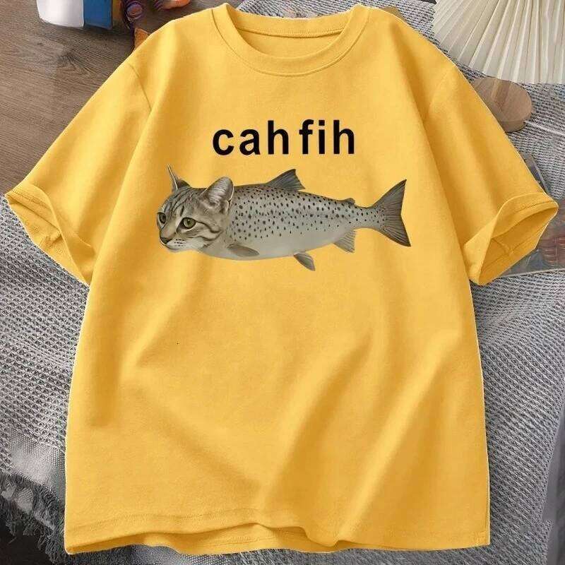 Cah T-Shirt Fih Funny Mispelled Meme T Shirt Cat and Fish Humor Tshirt Casual Short Sleeve Clothes Graphic Y2K C260207