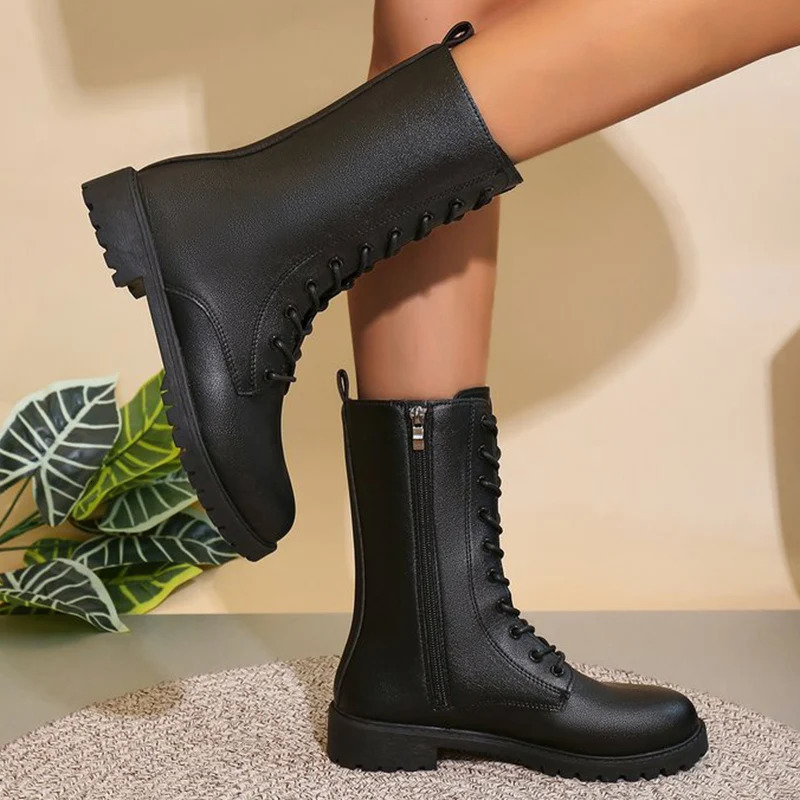 Fashion Lace Up Zipper MidiCalf Boots for Women Autumn Winter 2025 Solid Platform Modern Woman Square Heel Botas Mujer 260208