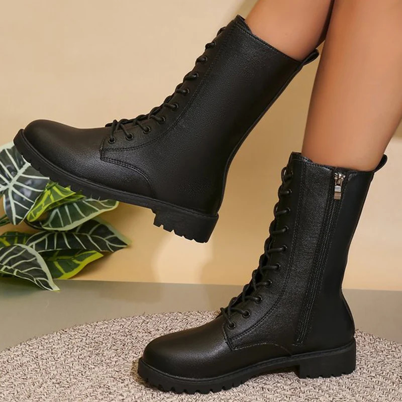 Fashion Lace Up Zipper MidiCalf Boots for Women Autumn Winter 2025 Solid Platform Modern Woman Square Heel Botas Mujer 260208