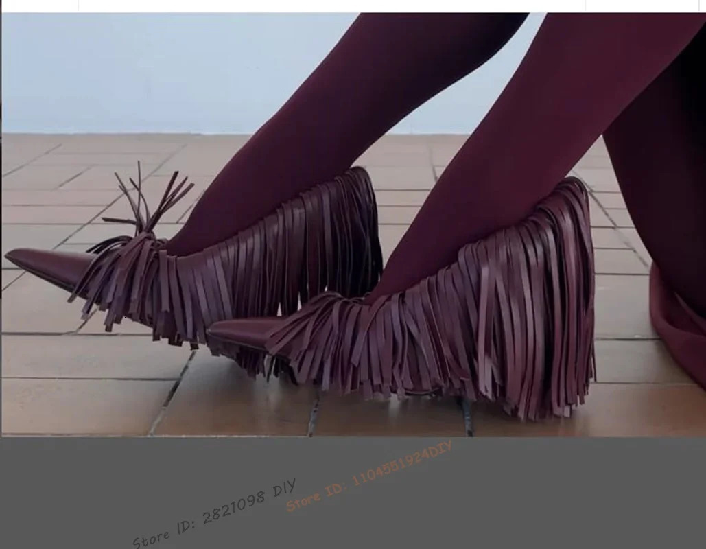 Wine Red Leather Tassel Thin Heeled Stiletto Pointed Toe Pump Fringe Fashion Party Shoes 260208