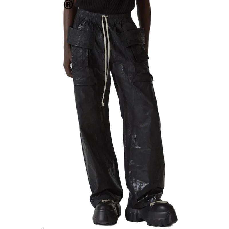 HKSH American High Street RO Brushed Wax Leather Coated Multi-Pocket Double Ring Cargo Pants Men Trend Wide-Leg Overalls HK18468