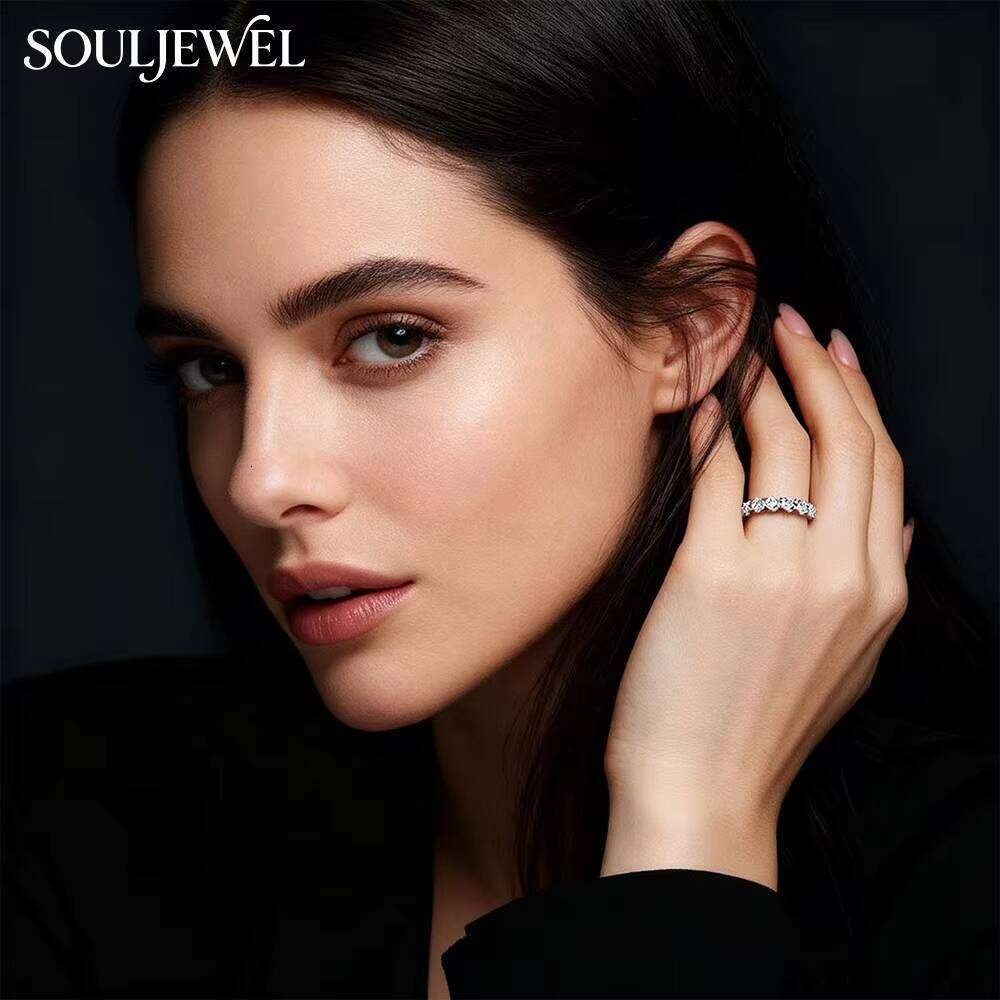 Souljewel Luxury Moissanite Eternity Wedding Ring 925 Sterling Silver Rhodium Plated Round Cut Full Circle Band Women