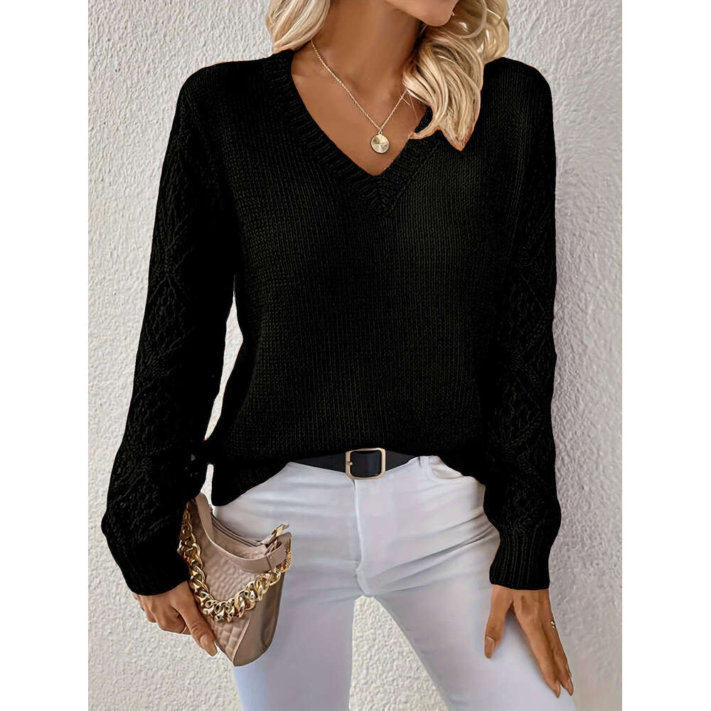 Spring and Autumn Hollow Knitted Sweater Women's Pullover Long Sleeve Crochet Jacquard Loose V-neck Base Shirt