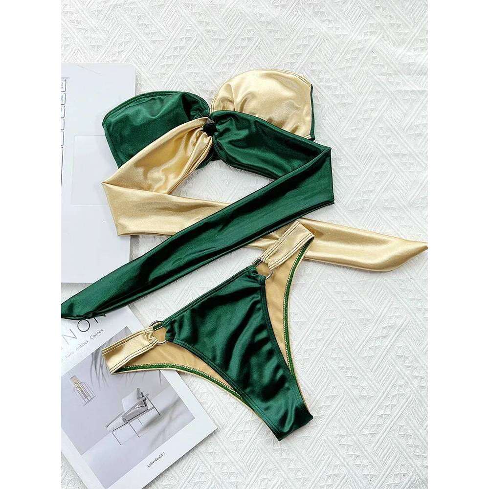 Splicing Strapless Bandeau Female Swimsuit Women Swimwear Two-pieces Bikini Set Metal Rings Bathing Suit Swim Beach Wear C260207
