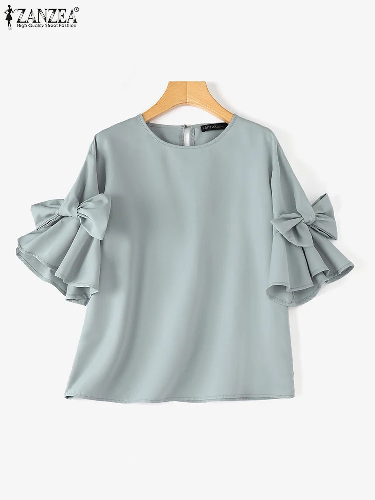 ZANZEA Vintage Bow Tie Patchwork Chiffon Blouse Women Korean Ruffles Shirt Autumn Elegant Lantern Short Sleeve Tops Tunic 260207
