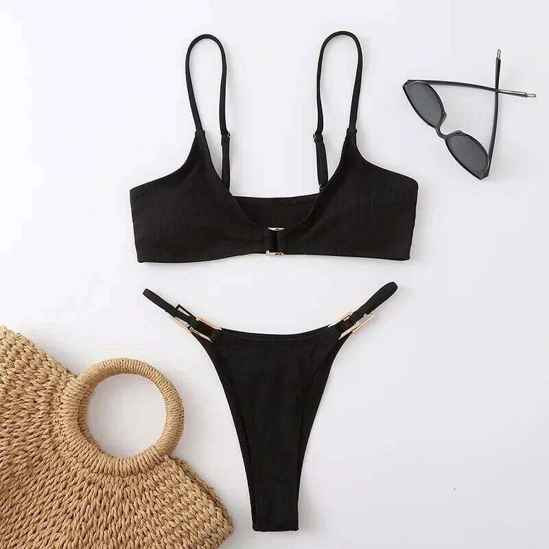 Sexy Brown Ribbed Swimwear 2025 Micro Thong Bikinis Sets Women Metal Ring Swimsuits String Bathing Suit Bikini Bathers Biquinis C260207