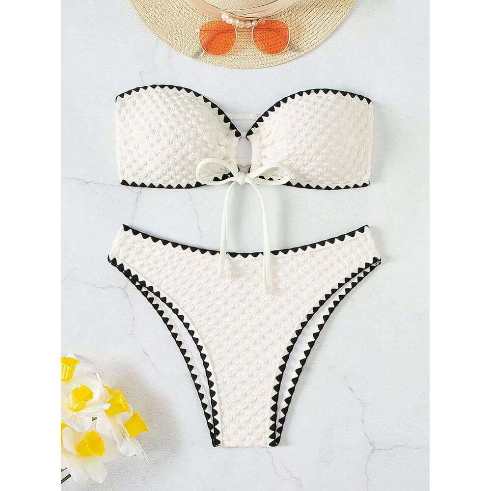 Swimwear White 2 Piece Strapless Swimsuit for Women Sexy Bandeau Backless Bikini Set Lace-up Patchwork Bathing Suit 2025 New C260207