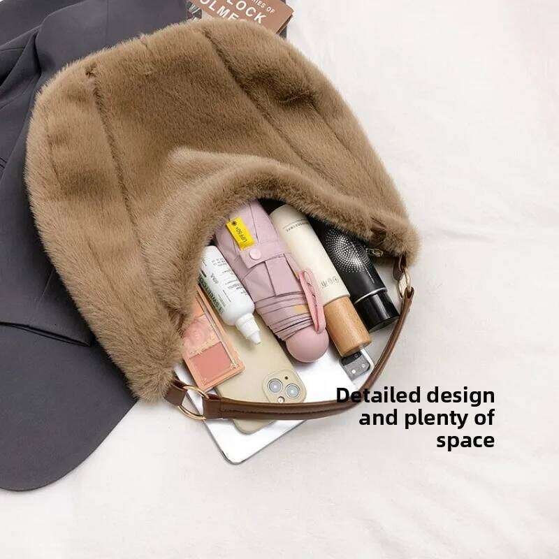 New Winter Versatile Commuting Shoulder Women Large Capacity Furry Bucket Bag for Commute Texture and Simple Storage Bags C260207