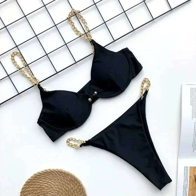 Sexy Chain Push Up Bikinis Set 2023 Mujer Micro Thong Swimsuit Swimwear Women Buckle Bathing Suit Biquinis Feminino Beachwear C260207
