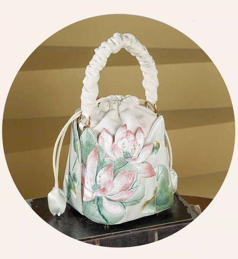 Female Vintage Chinese Style Traditional Lotus Embroidery Side Fashion Retro Chic Stylish Cute Medium Size Crossbody Bag