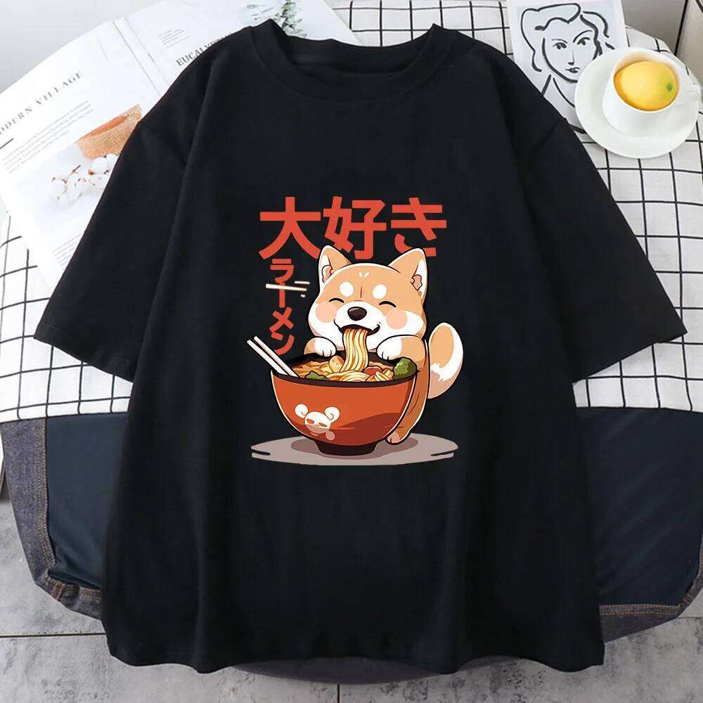 Shiba Inu Enjoying Ramen T-shirts 100% Cotton High Quality Summer Tee-shirt Casual Women/Men Kawaii Tshirt Cute Girls Shirts C260207