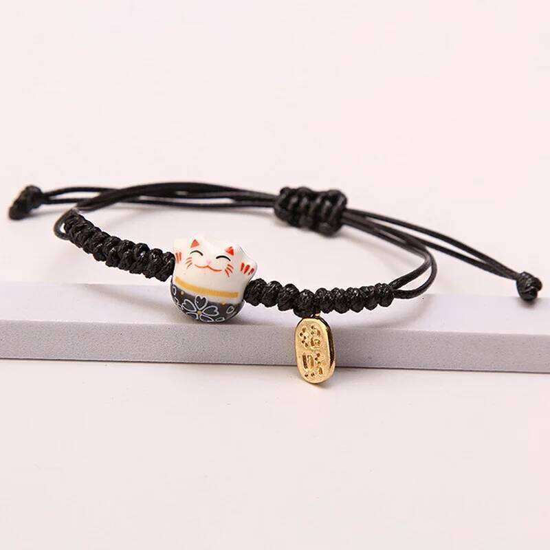 Simple Ceramic Lucky Cat Braided Bracelet For Women Cute Animal Kitten Hand Woven Adjustable Bangles Party Harajuku Jewelry Gift Yuansiqi