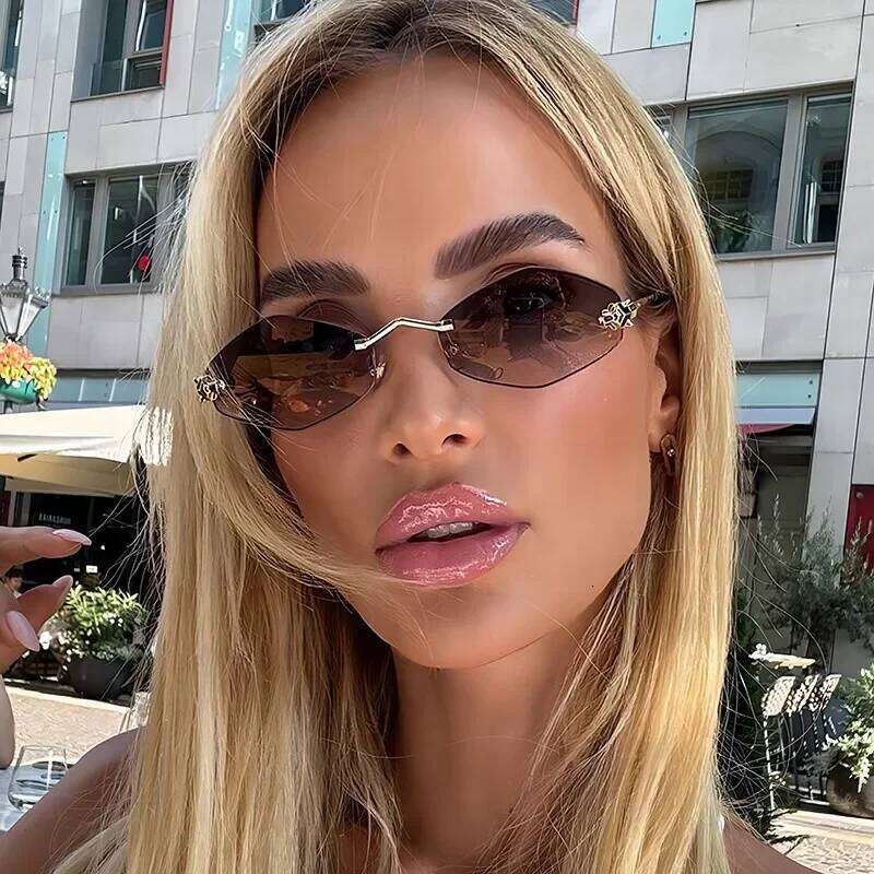 Fashion Small Polygonal Sunglasses for Women Luxury Brand Rimless Brown Rhombus Sun Glasses Woman Vintage Metal Shades Eyewear Y260207