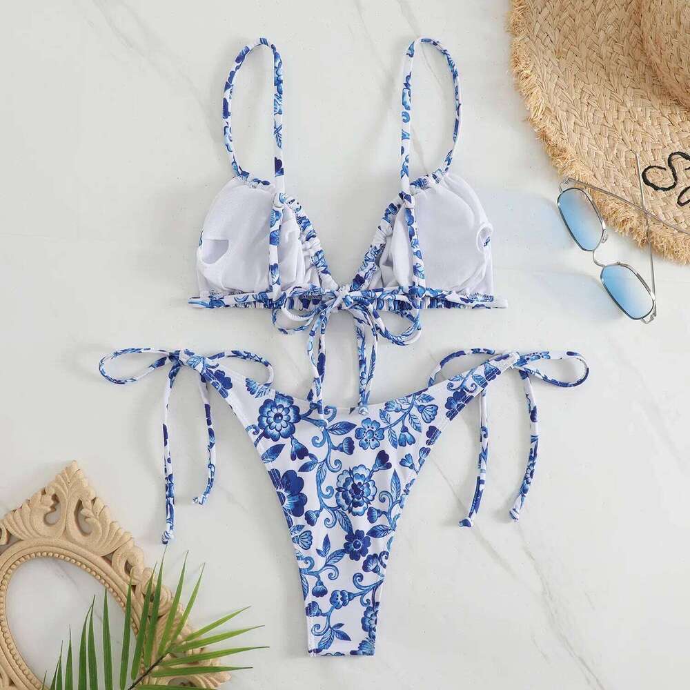 sexy floral print micro blue and white porcelain swimwear swimsuit women biquini thong bikini set bathing suits C260207