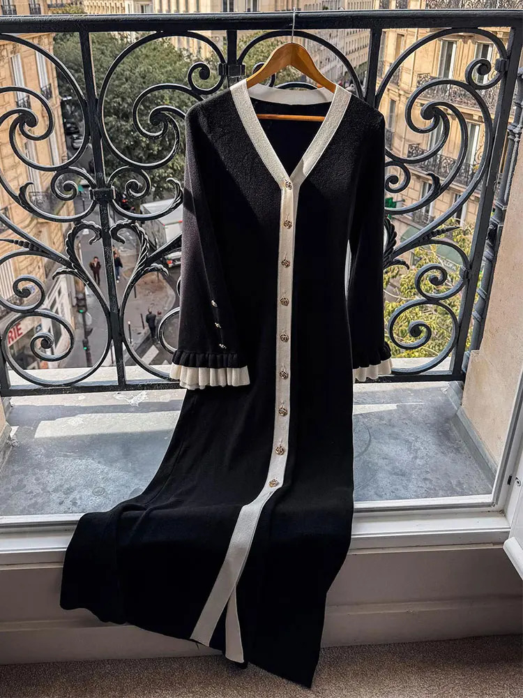 GACVGA Flare Sleeves Elegant Knitted Maxi Dress For Women Autumn Winter Fashion Buttons Slim Sexy Bodycon Club Party Long 260127