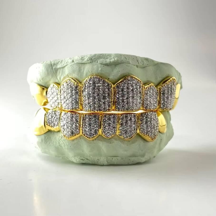 Custom Teeth Grillz Iced Out VVS Moissanite Diamond Honeycomb Setting S925 Silver with Solid End Caps Hip Jewelry