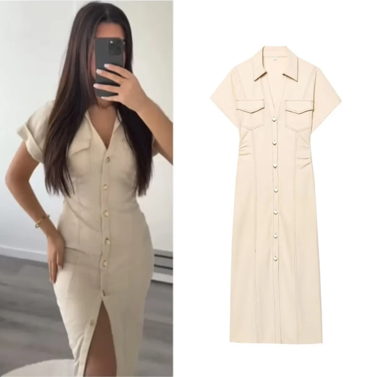 ETJ summer womens elegant fashion waist pleated Vneck shortsleeved temperament denim MIDI dress 260127