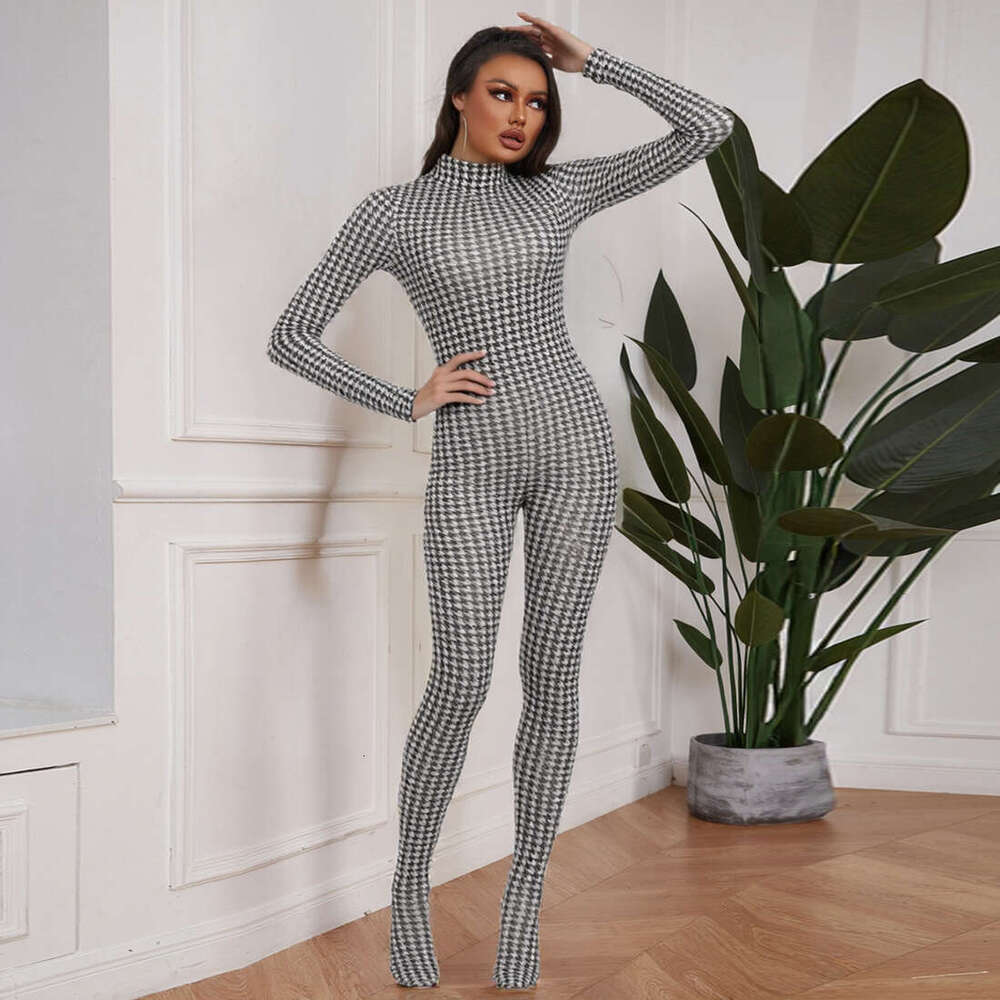 Cross-border European American style autumn and winter new women's fashion printed high-neck long-sleeve sexy high-waisted slim-fit jumpsuit