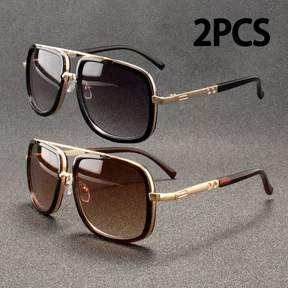 2PCS Fashion Big Frame Sunglasses Men Square Metal Women Retro Sun Glasses Vintage High Quality Gafas Oculos De Sol Y260207