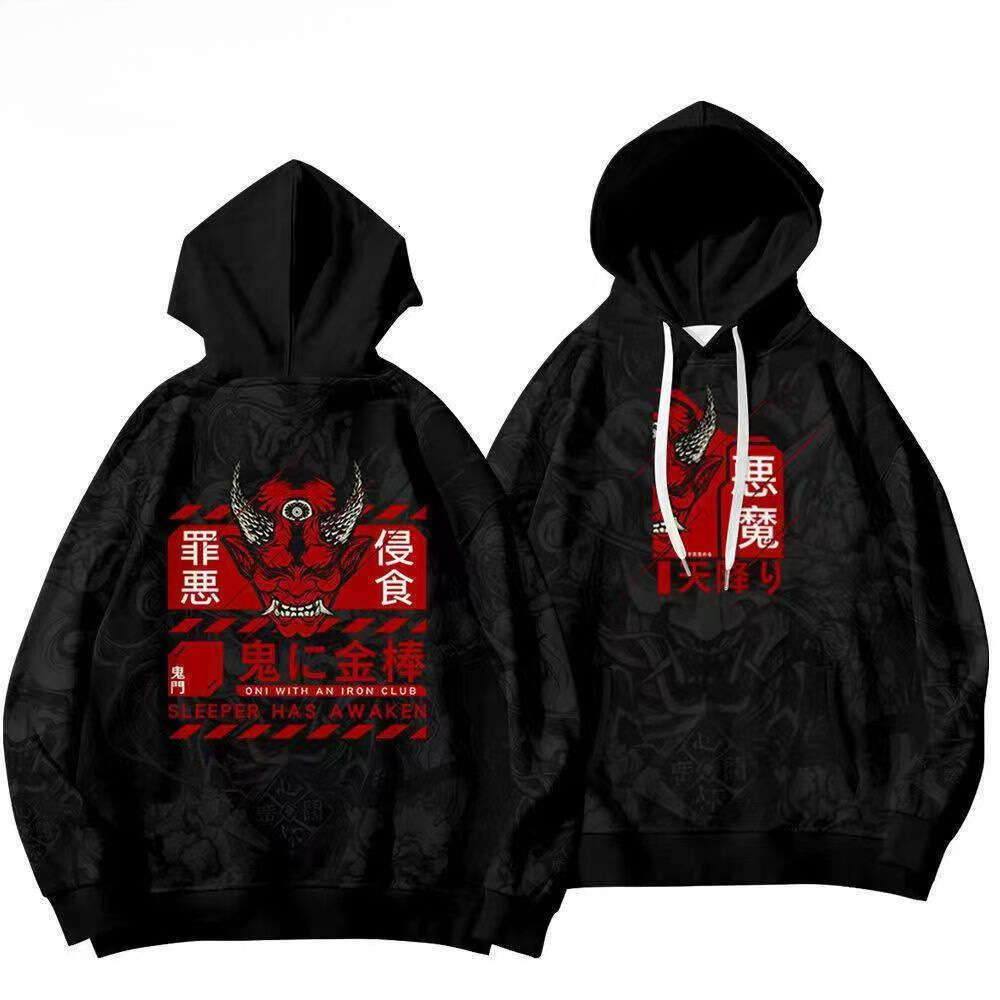 Trendy New Chinese-Style Hoodie With Hannaya Demon Print, Suitable Autumn And Winter, Featuring A Unique Design Inspired By Hundred Demons Of The Nigh