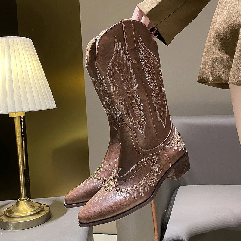 Classic Embroidered Pointed Toe Womens Leather Booties Retro Rivets n Western Cowboy Boots MidCalf Knight 260208