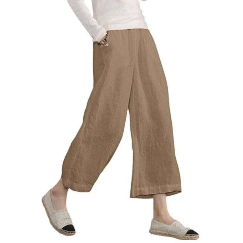Women's Solid Color Cotton Linen Wide-leg Nine-point Pants Loose Casual Spring Summer New Products 2026