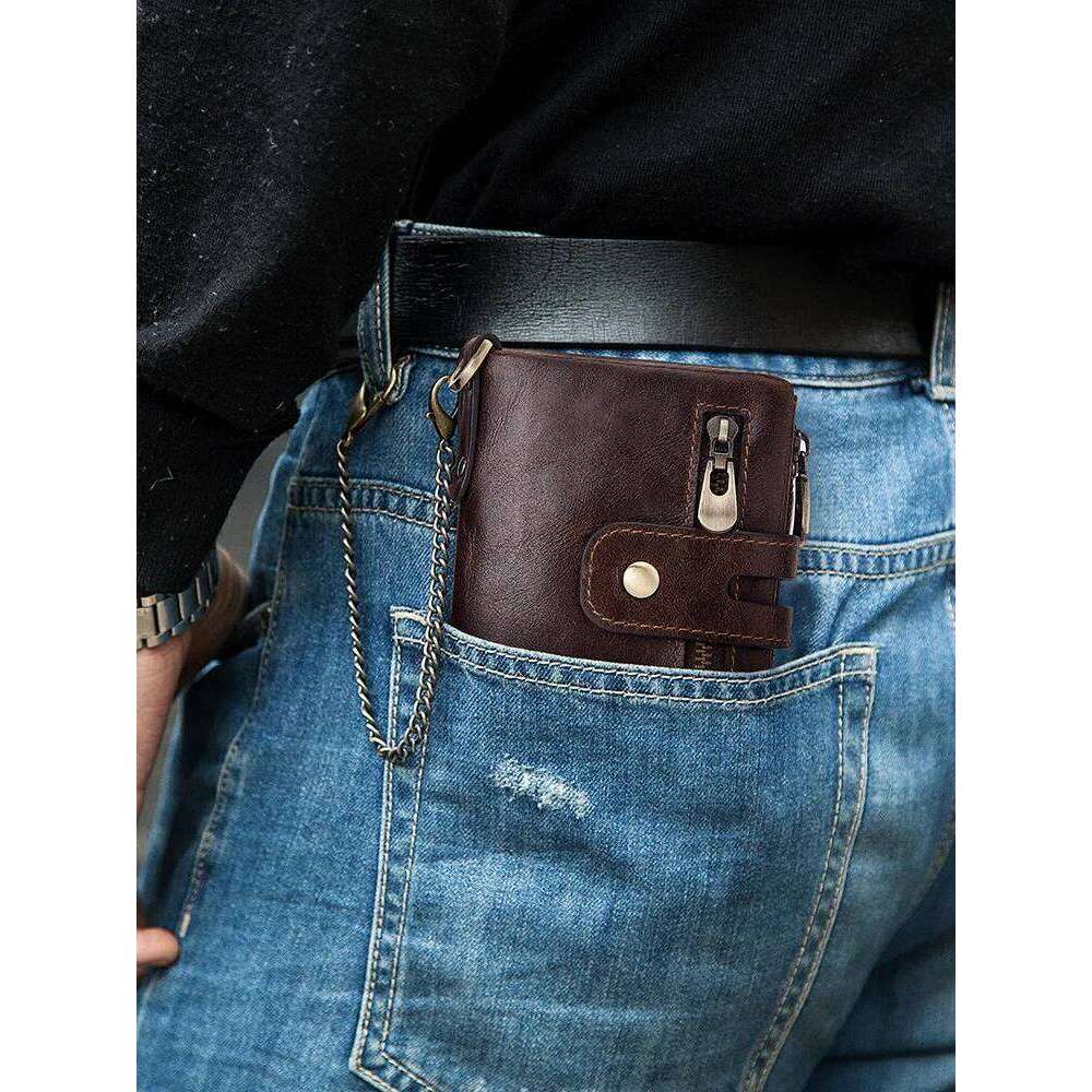 Western RFID Blocking Cowhide Leather Three Floded Chain Men Belt Large Capacity Card Slots Coin Purse for Mens Y260206