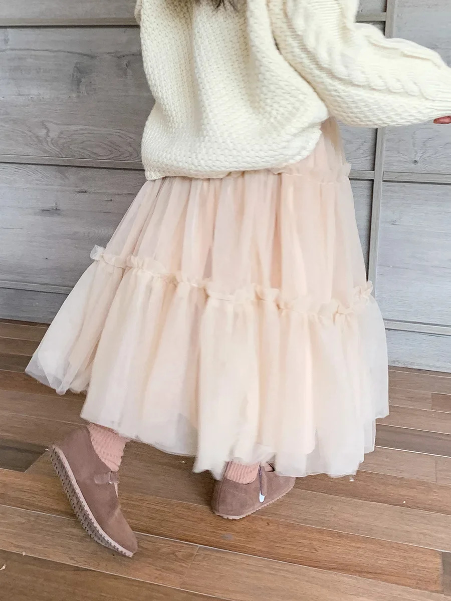 Spring Girls Skirts Childrens Trendy Versatile Large Skirt Hem Gauze Medium And Small Fluffy Mesh Half 260207
