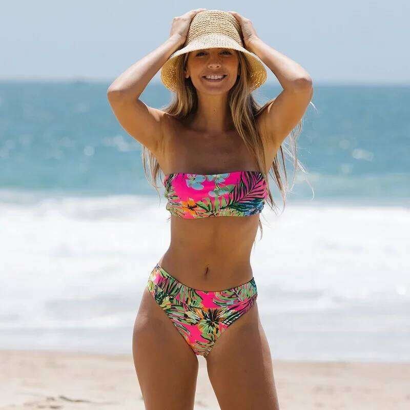 New Pink Leaves Printed Low Waist Two Pieces Bikini Set Swimsuit Female Women Beachwear Swimwear Bathing Suit C260207