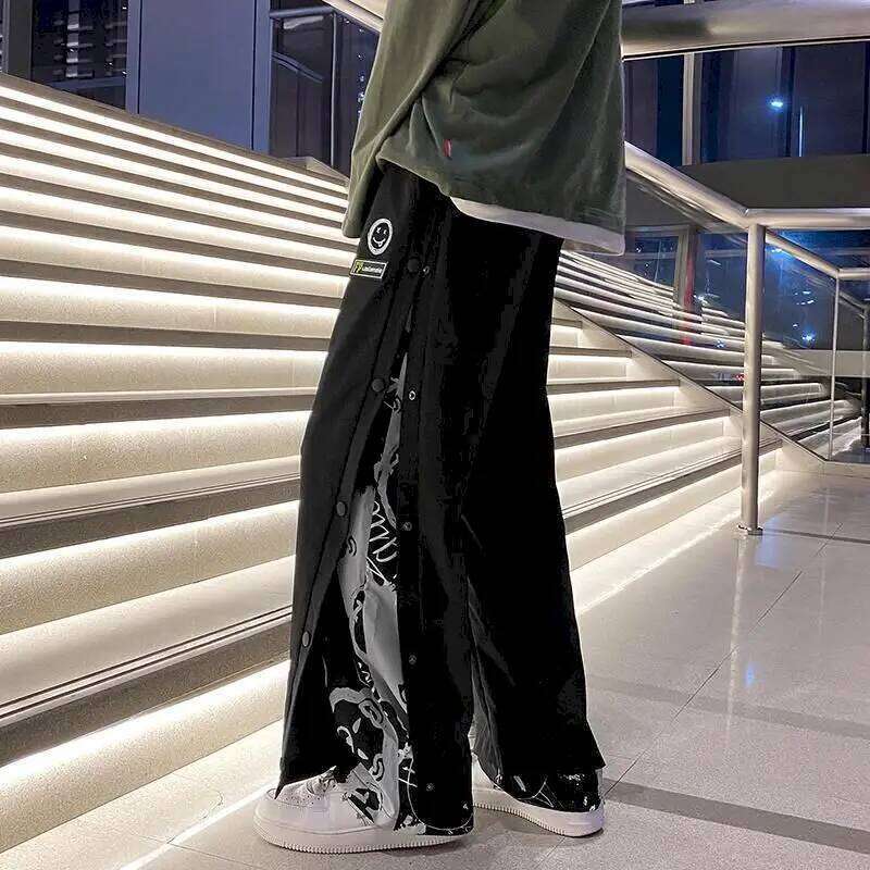 High casual trousers buttoned male gothic loose straight wide leg fake two piece pants high street men's bottoms