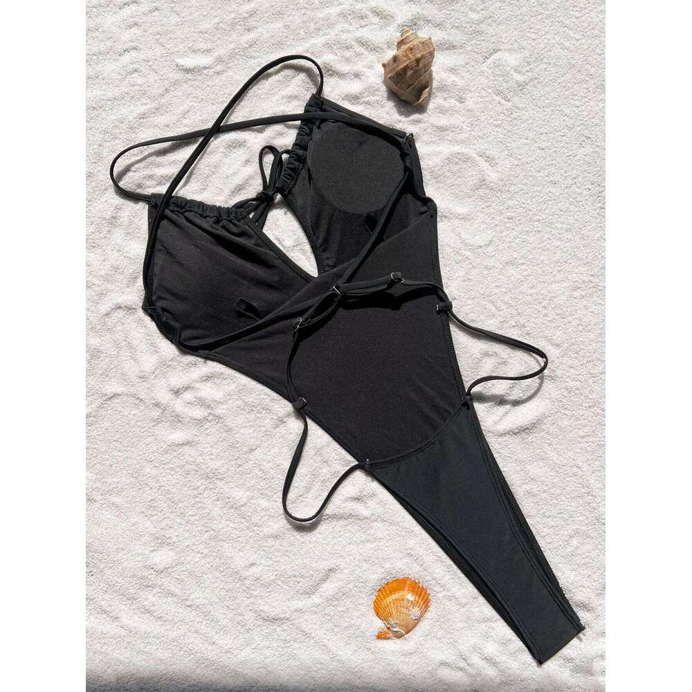 sexy solid black drawstring bandage backless swimsuit one piece bikini thong swimwear bodysuits women biquini bathing suits C260207
