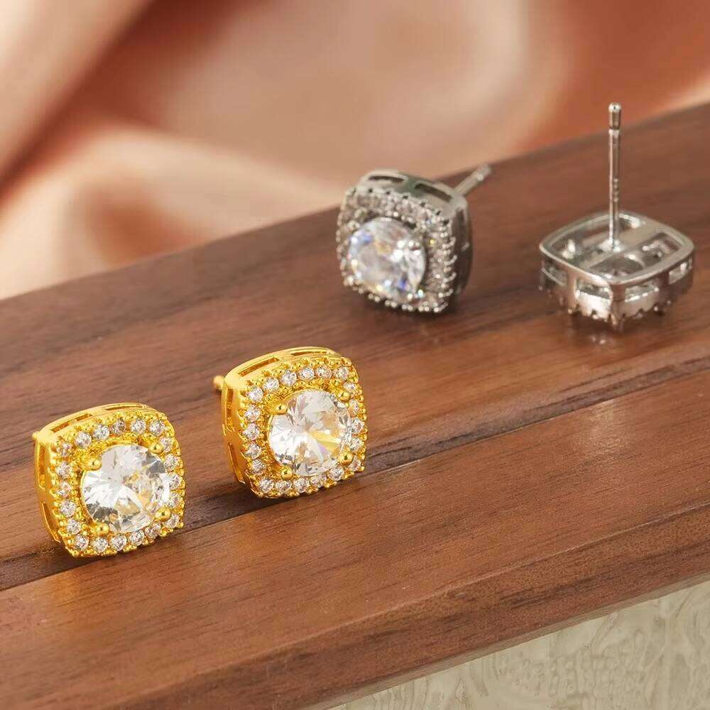 Wholesale Hot Sale Fashion Jewelry Gold Plated Brass Round Square Moissanite Diamond Zircon Stud Earrings For Women