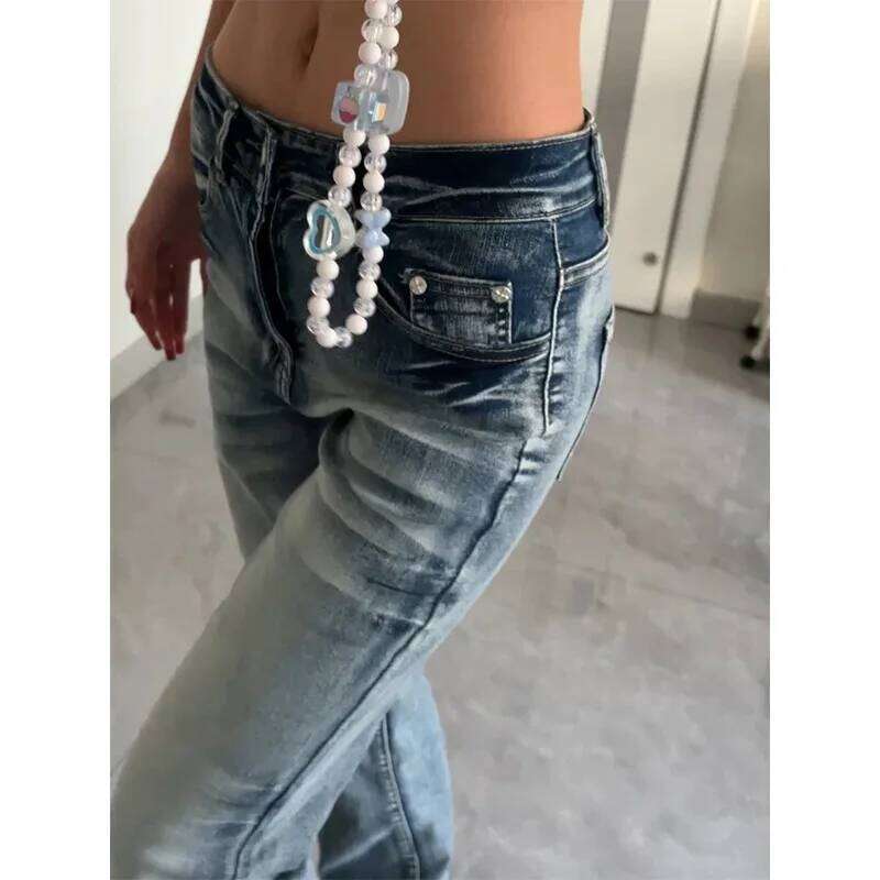 Y2K Flared Jeans for Women - Spicy Girl Low Waist Washed Fitted Narrow Leg Straight Tube Spring and Autumn Style