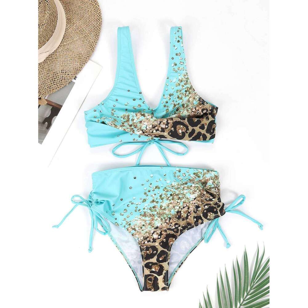 2025 Drawstring V Neck High Waist Bikini Women Printed Swimwear Female Swimsuit Bathers Bathing Swimming Suit Beachwear Summer C260207